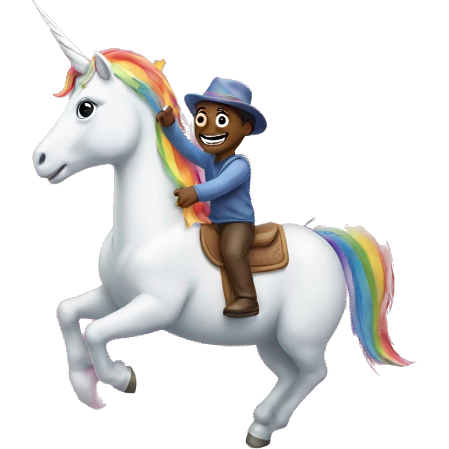 Puppet riding unicorn over rainbow emoji
