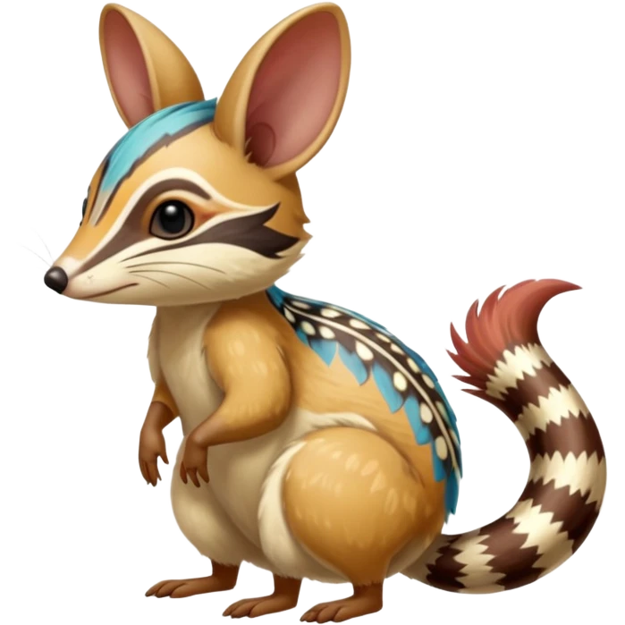 Tropical Exotic Colorful Floral Feathery Numbat-Bilby-Quoll-Furret-Fakémon-furry-fursona-creature (full body) with tribal markings emoji