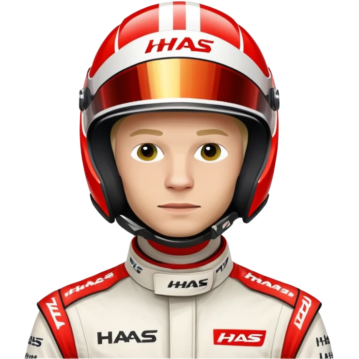 Kevin Magnussen, Formula 1 driver for Haas team, wearing white and red Haas racing suit and helmet emoji