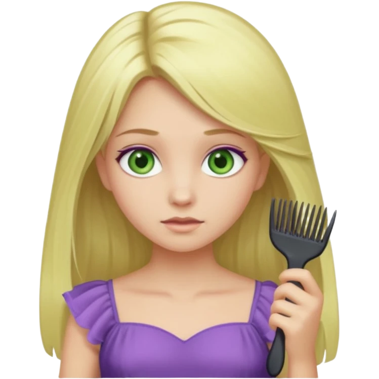 blonde girl with swamp green eyes, soft purple dress, combing her hair, iOS emoji style emoji