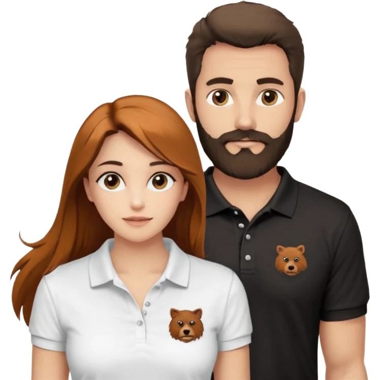 Criar Casal - Homem branco de cabelo liso e olhos marrom, com barba, expressão séria usando camiseta polo preta e mulher de pele branca cabelo cacheado marrom longo e olhos mel, usando uma regata branca, quero ela sorrindo emoji
