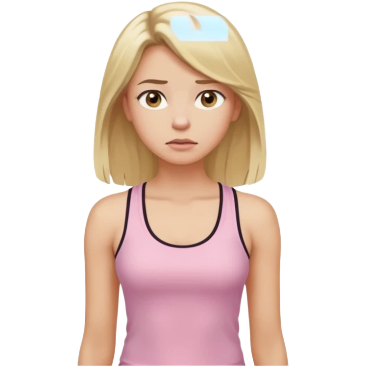 Create a young woman with long blonde hair, golden eyes, and medium-light skin tone, wearing a light pink tank top and leggings. She should be in portrait mode, but with a subtle doubting facial expression—slightly raised eyebrow, small frown, .  and her hand next to her chin likethinking face emoji emoji