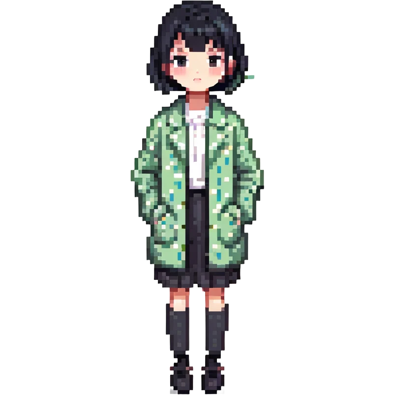 girl with black bob-cut hair, dotted coat, Chinese appearance emoji