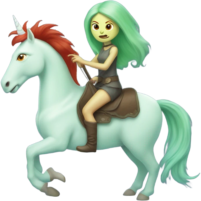 [politically incorrect
	{ woman: alien, color: light green, hair:red, eyes:cat} ]
	on a 
	[{ unicorn: white, legged:four, mane: light blue }] emoji