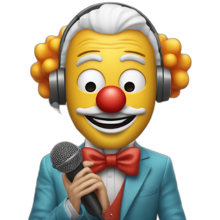 spanish radio presenter with radio station microphone in his hand with his face made up as a clown emoji