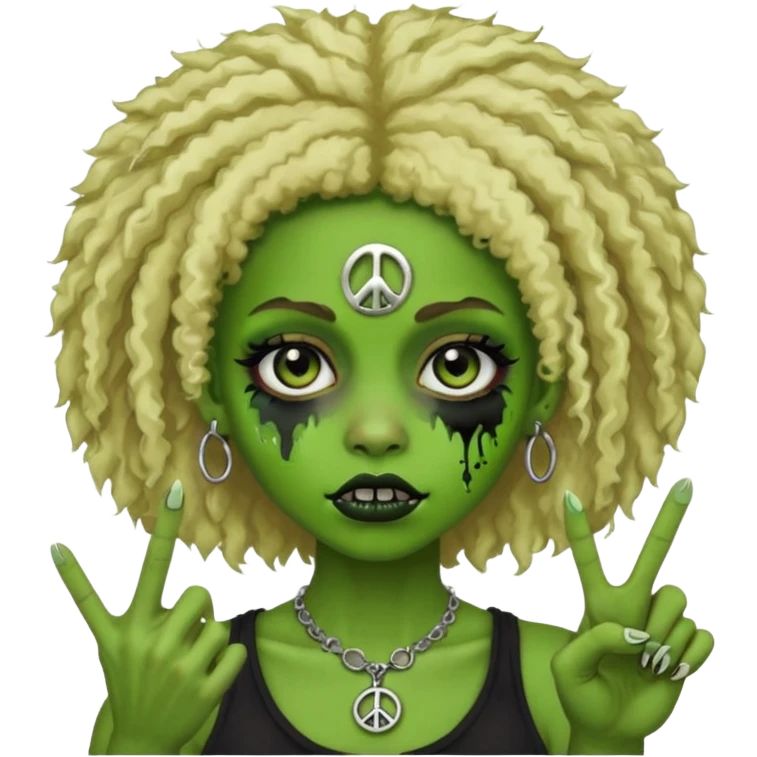 girl, green zombie,blonde afro, medium long, shaggy, dark, spooky,double eyebrow dermal piercing,peace sign emoji