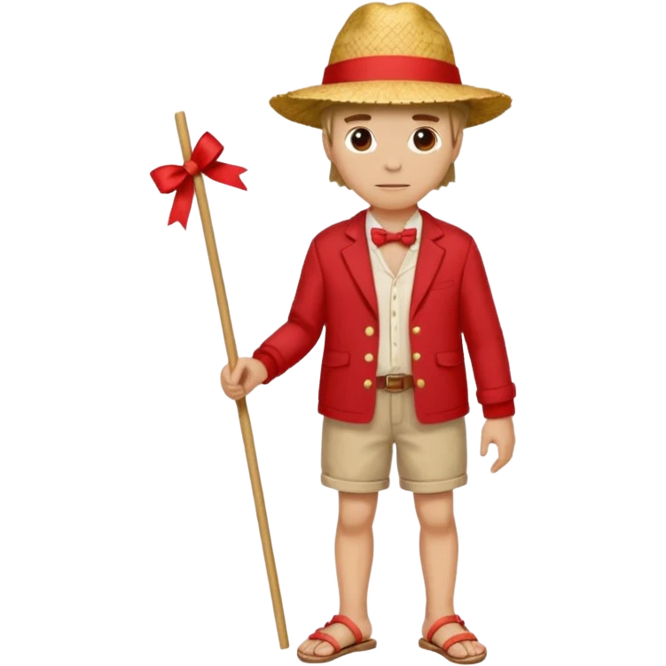 Make a guy with a straw hat and the hat has a red rebin and a red jacket and sandals and a x on he's chest emoji
