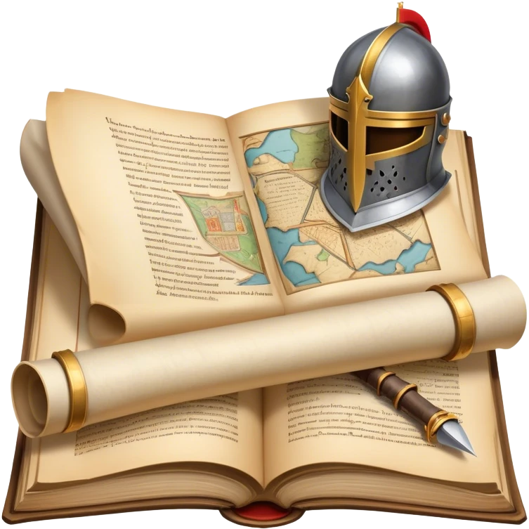 Icon for Historical Fiction Reading: an open book with pages showing ancient scrolls, a quill, a knight's helmet, and a parchment map. The icon should evoke the adventure and grandeur of historical settings and storytelling. Transparent background. emoji