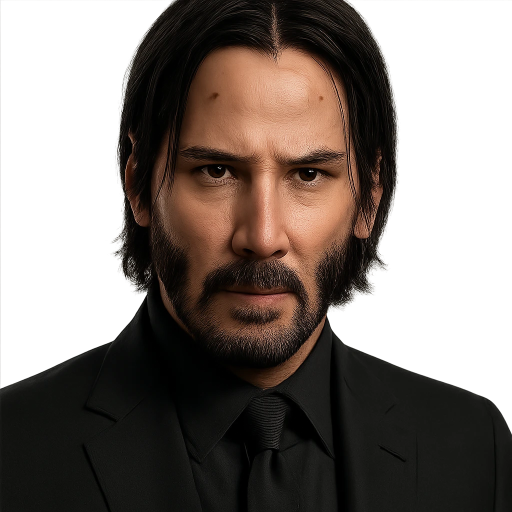 John Wick head, focused eyes, dark suit collar, movie-inspired, realistic details, minimal background emoji