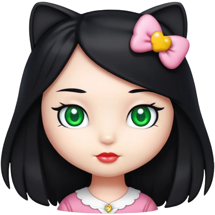 Hello Kitty, with long black hair and green eyes emoji