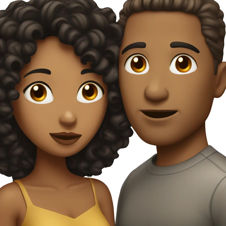 Brown woman with black curly hair kissing white man with dark brown hair  emoji