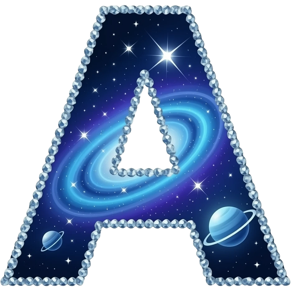 A letter 'A' made of swirling cosmic starlight and deep blue nebulas. The edges are composed of shimmering diamond dust and small orbiting planets. Ethereal, dreamy, high-gloss finish. emoji