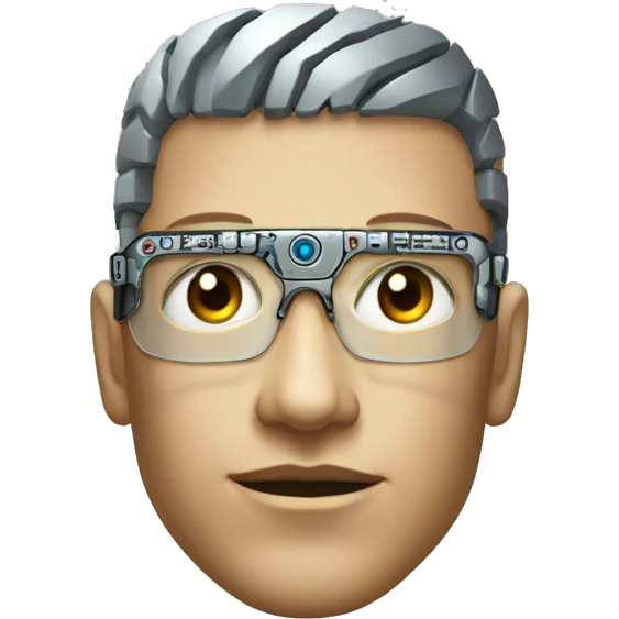Male cyborg head with metallic skin, flat top, rectangular glasses and circuits emoji