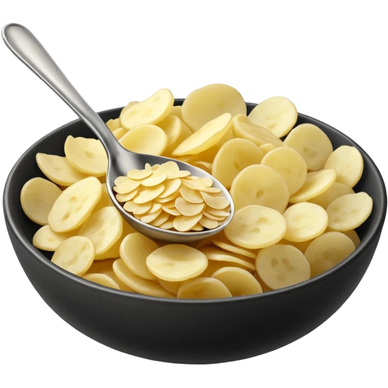 loose scatter of off-white potato flakes, very fine and small, irregular lightweight shapes, slightly translucent dry texture, thin curled edges, uneven sizes, dehydrated instant format, no bowl, spoon, or packaging, just the flakes, soft lighting, subtle shadows, emoji scale emoji
