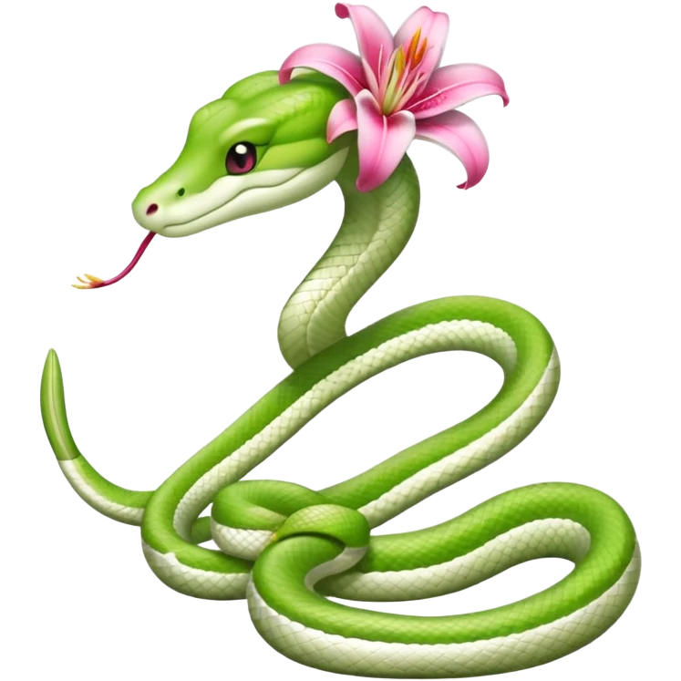 A cute light green and white snake with a pink lily flower on its head. emoji