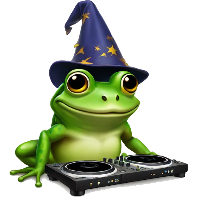 Frog DJing with a wizard hat emoji