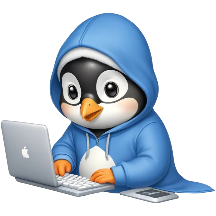 A cute penguin wearing a cozy hoodie typing on a computer keyboard emoji