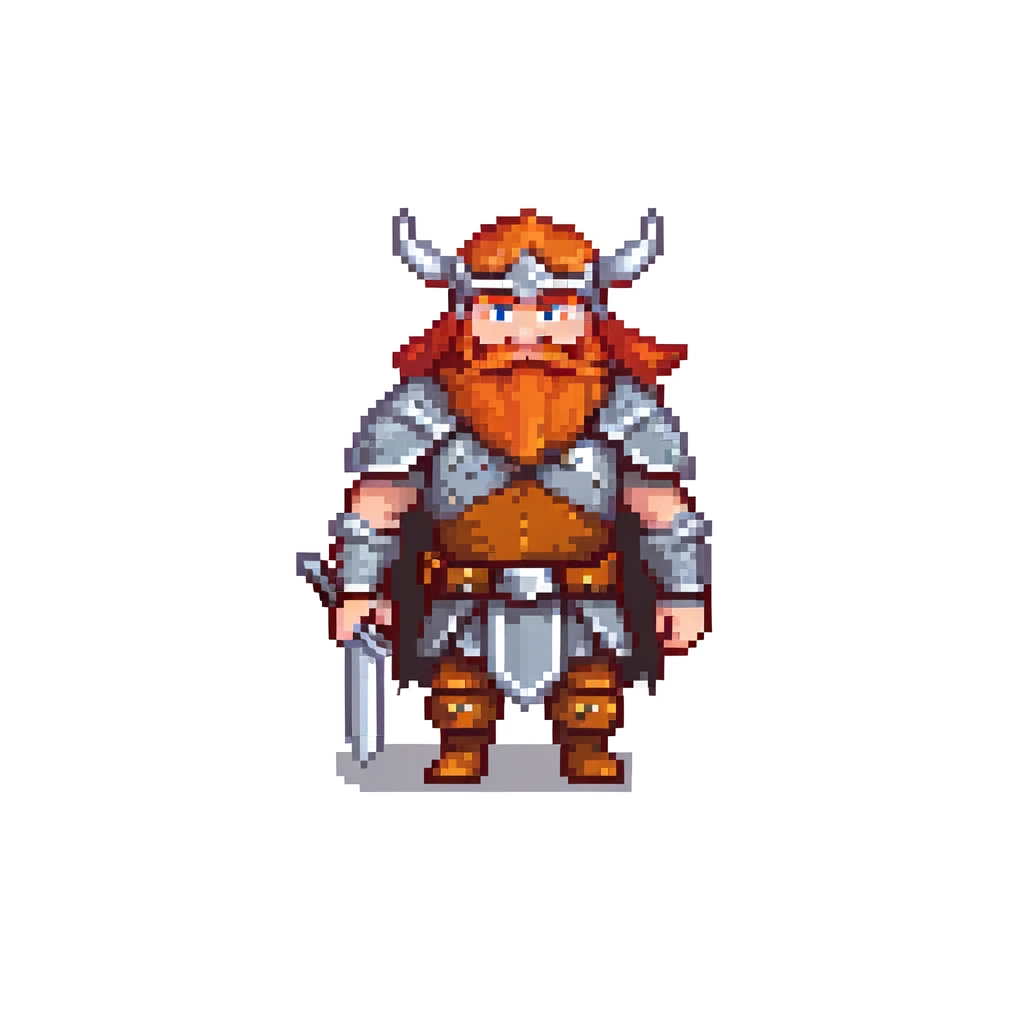 pixel art ginger viking with red beard and armor, running animation frame 3, legs crossing emoji
