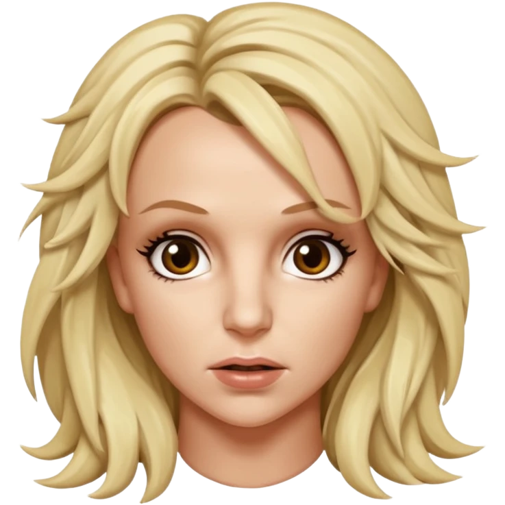A headshot of a very disheveled, Britney Spears Spears with big brown blank eyes emoji