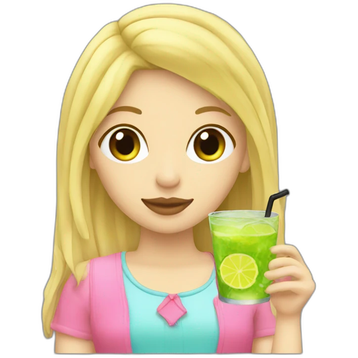 blonde girl straw drinking pink lemonade with one green lemon in the cup, with black watch emoji
