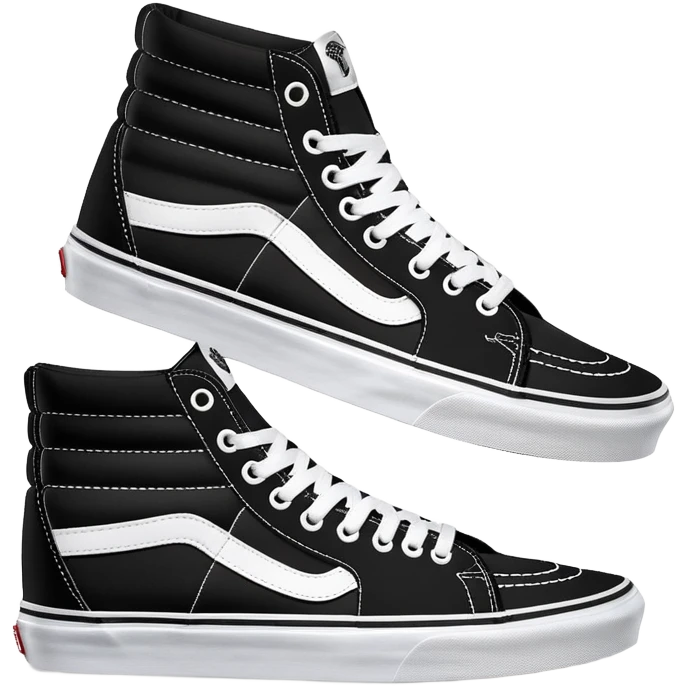 Two black Vans Sk8-Hi high top sneakers positioned in a staggered arrangement with one behind the other, classic black with white sidewall stripe, white laces and rubber toe cap emoji