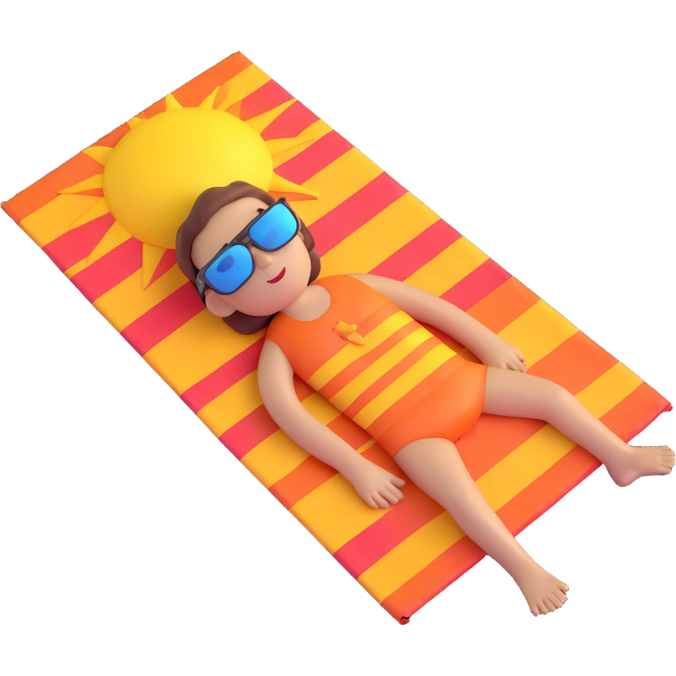 person sunbathing on a Miami beach towel wearing sunglasses with sun overhead emoji