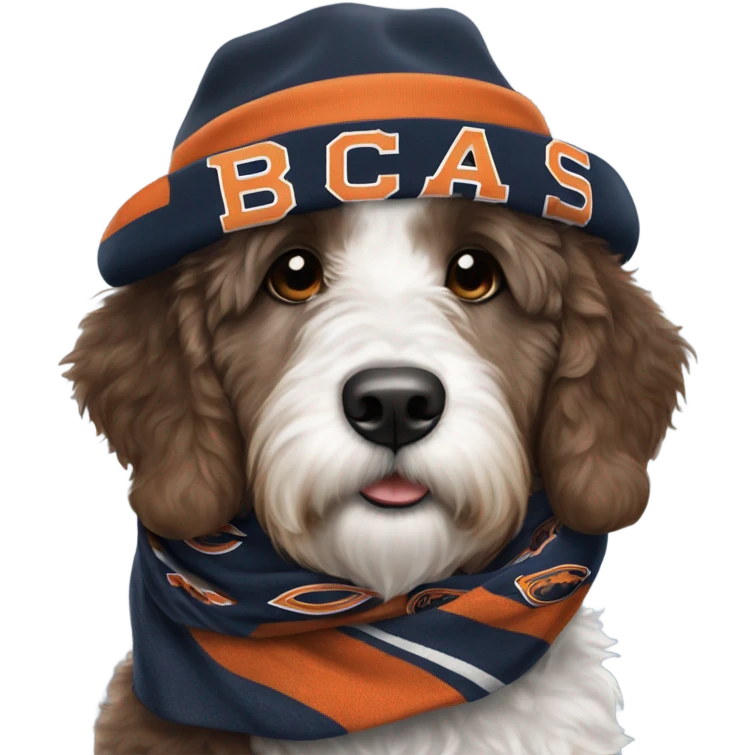 Bernedoodle with chicago bears hat and scarf emoji