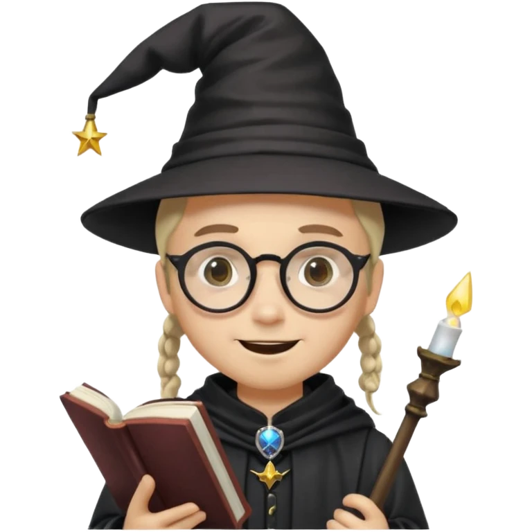 ["A happy boy with light skin, ponytail, wearing a wizard hat and square glasses, dressed in goth fashion, is reading a book while holding a phone."] emoji