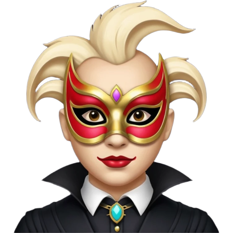masked circus acrobat portrait, head and shoulders only, elegant carnival mask, dark outfit collar, dramatic expression, 3D cartoon, mobile game icon style, clean background, no text, no watermark
 
 emoji