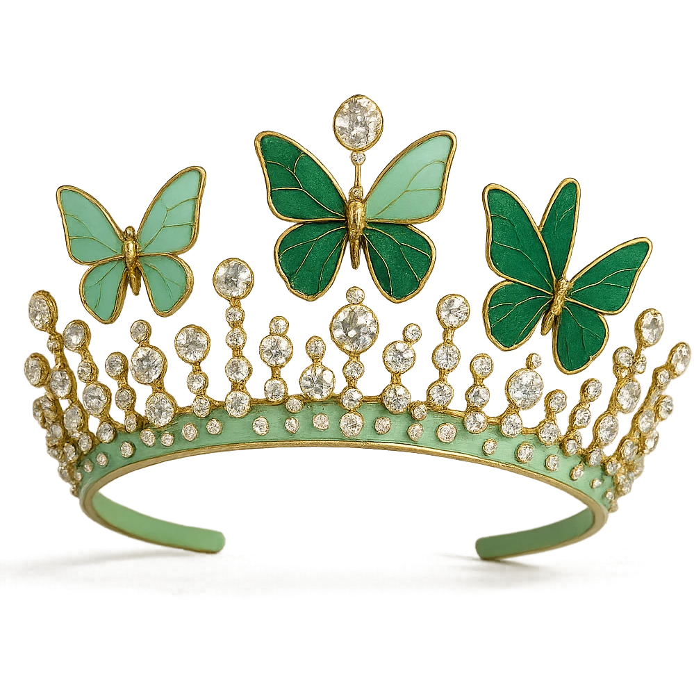 butterfly crown with a pastel green base, only a couple of butterflies in light and dark green enamel, sparkling gems emoji