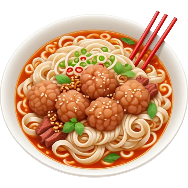 Fuzhou Lychee Pork Noodles with meat sauce and noodles, simplified emoji style with bold outlines and bright colors, cartoon style Fujian specialty Ban Mian emoji