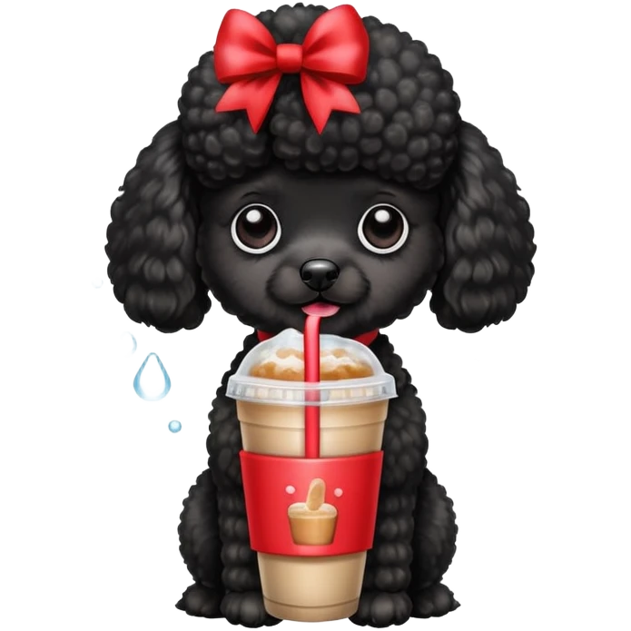 Black poodle dog wearing a bow and holding ice coffee emoji