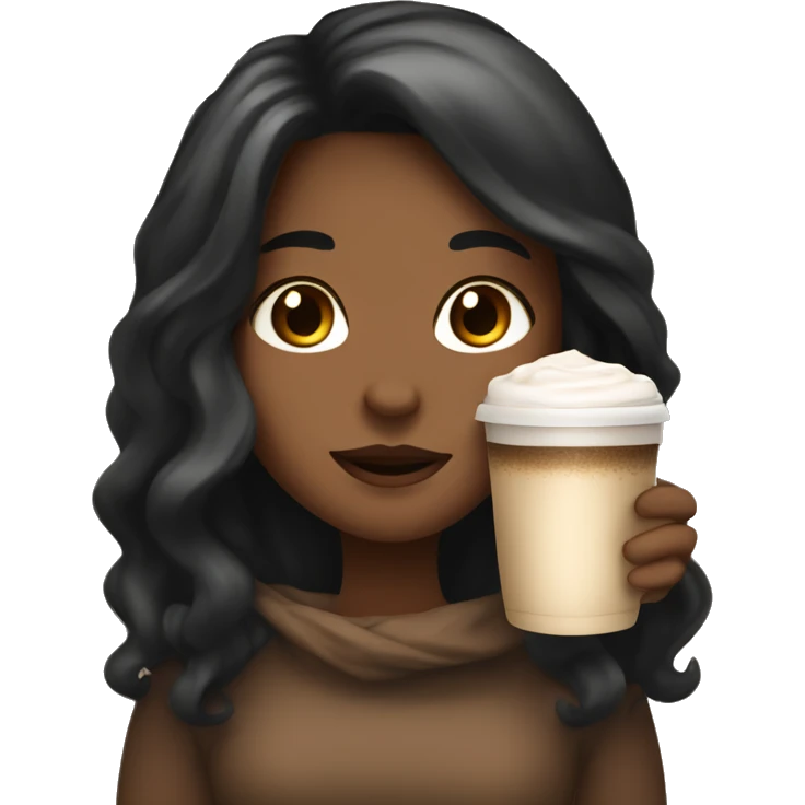Tan girl with black long hair and a hot chocolate emoji