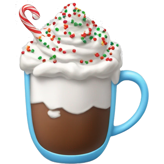 Mug of hot coco with whip cream and Christmas sprinkles emoji