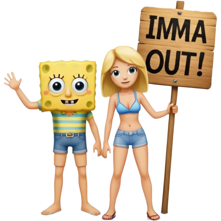 A high-detail cartoon illustration of SpongeBob SquarePants and a girl standing in the middle of Bikini Bottom. The girl is holding a wooden sign that says "imma head out" in bold black letters. emoji