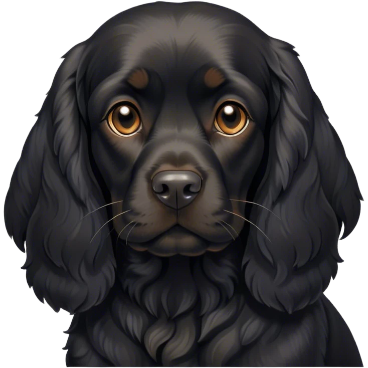 Cinematic Noble Black Cocker Spaniel Portrait Emoji, Poised and regal, with a sturdy build and a sleek, shiny black coat accented by subtle tan markings, deep-set soulful dark eyes, Simplified yet sharp and sophisticated features, highly detailed, glowing with a soft, dignified glow, high shine, intelligent and alert, stylized with an air of refinement, focused and attentive, soft glowing outline, capturing the essence of a watchful and confident companion, so majestic it feels as though it could trot out of the screen with effortless authority! emoji