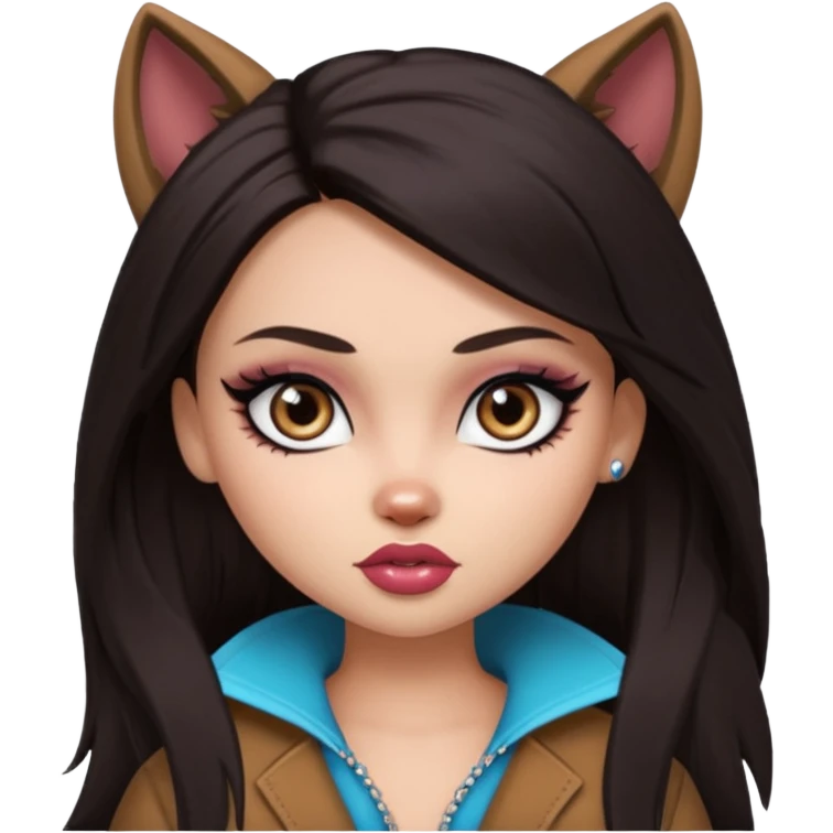 pretty bratz baddie, pretty eyes, pretty makeup, long wolf cut, dark hair emoji