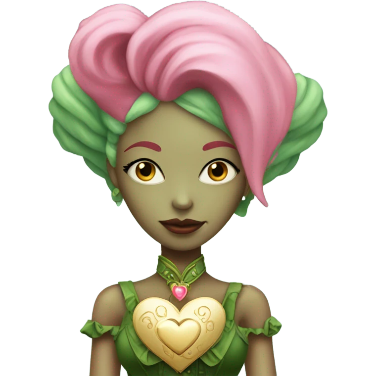 a green amazon alien woman in Victorian white gold, pink hair full body,holdig red big hearth emoji