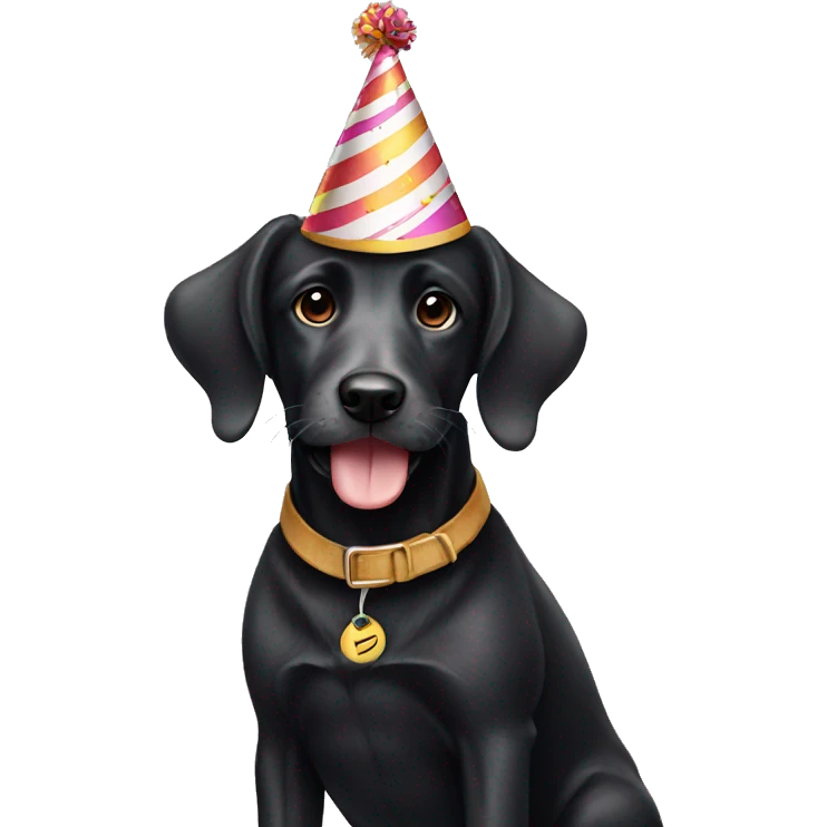 Solid Black doodle dog wearing a birthday hat emoji