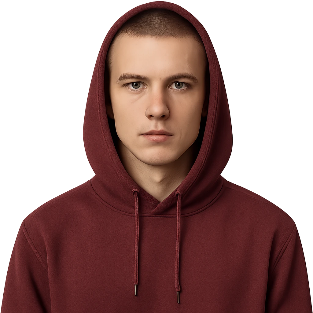 young European man in a maroon hoodie with hood up, short brown buzzcut, smooth skin, oval face, defined jawline, high cheekbones, sharp eyes, straight eyebrows, neutral expression emoji