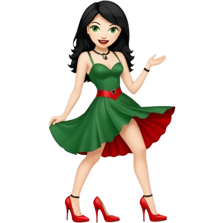 🕵🏻‍♀️💦🧥 black hair , green eyes , red high heels , dominatrix dress , laughing  emoji