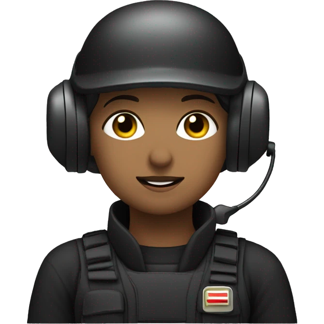 operator dressed in black with a milatary helmet, without glasses, wearing a headset, ready to respond to alerts, preferably female emoji