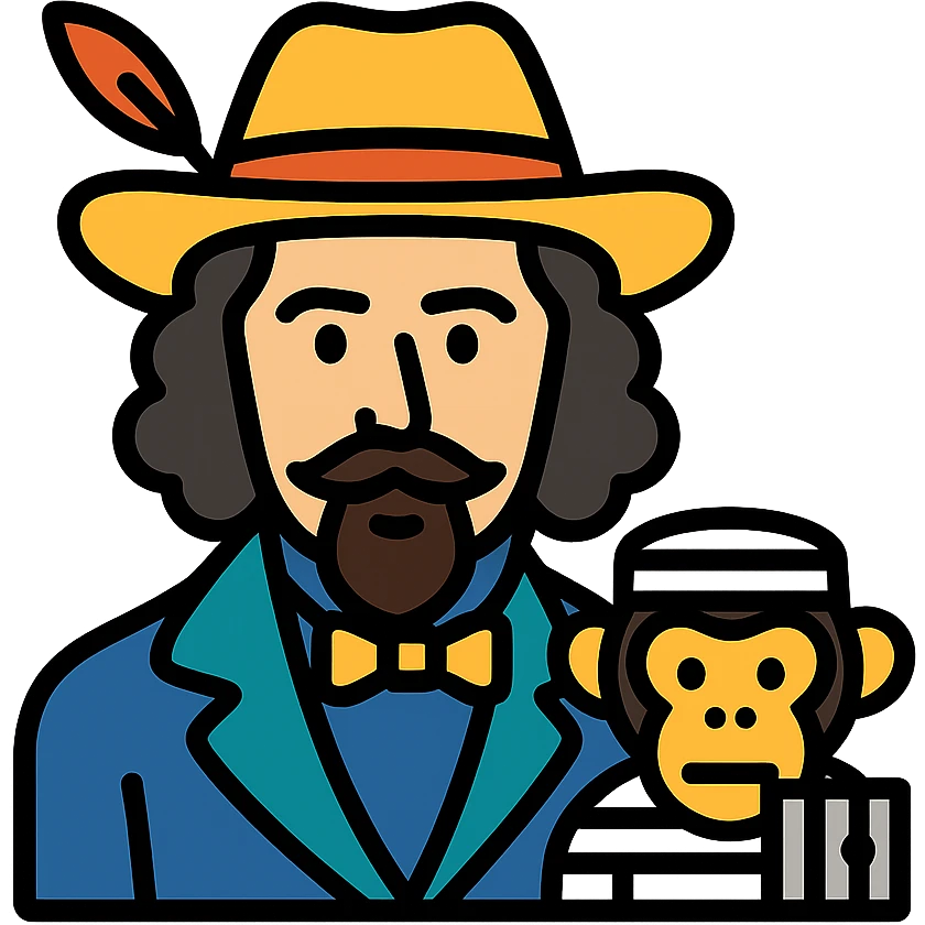 emoticono del poeta español José de Espronceda acompañado de un mono carcelario con líneas blancas y negras, estilo icono lineal color con contornos negros emoji