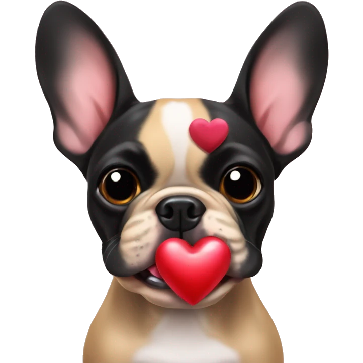Black and tan colored French bulldog holding Valentine in mouth emoji