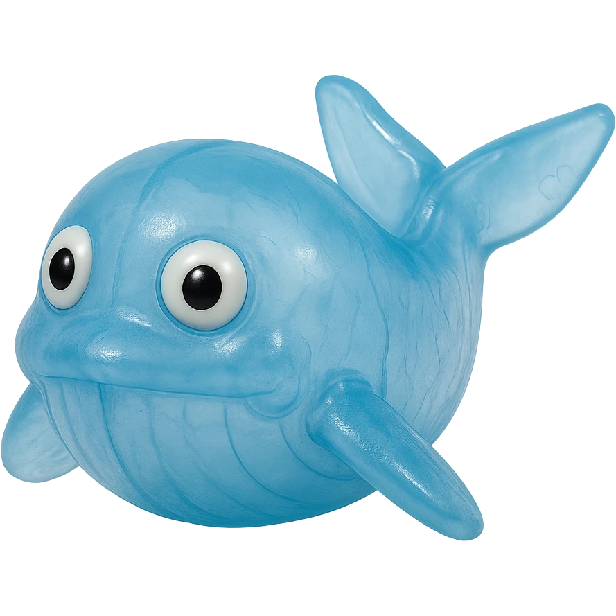 hyper-detailed retro 90's toy style see-through semi-transparent blue plastic whale with derpy eyes soft plastic soft reflections soft and squishy some cloudiness not shiny highly detailed appealing no tag no background emoji