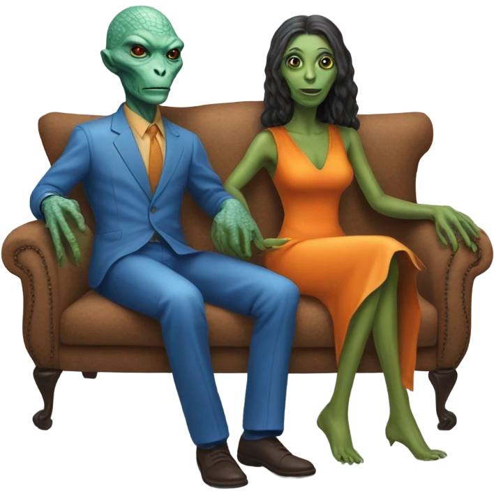alien reptilian woman in orange dress and humman man in blue, sitting on a couch  emoji
