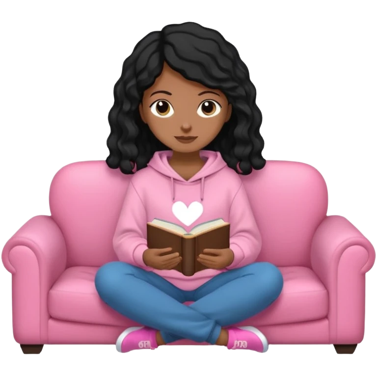Una chica linda de cabello negro con ondas hasta los hombros de piel blanca con una sudadera rosa en un sofá cómodo y hermoso leyendo la biblia emoji