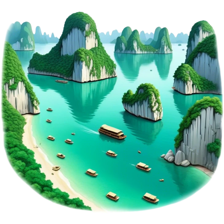 Cinematic Realistic Ha Long Bay Landscape Emoji, depicted with limestone karsts emerging from emerald waters rendered with intricate detail and dynamic natural lighting. emoji