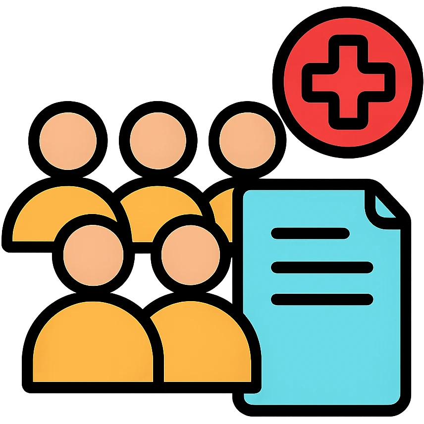 Medical committee with documents and emergency medical cross symbol emoji