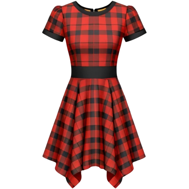 No human figures, Women's MacQueen' Tartan Mini Dress in Red/Black/Yellow, crew neck, cap sleeves and a handkerchief hem. Isolated rendering, sexy trendy style  emoji